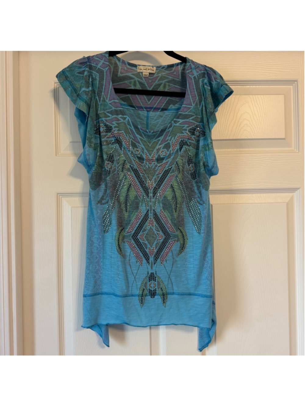 Women's Live and Let Live Top Size S Blue Beaded Screenprinted Feather